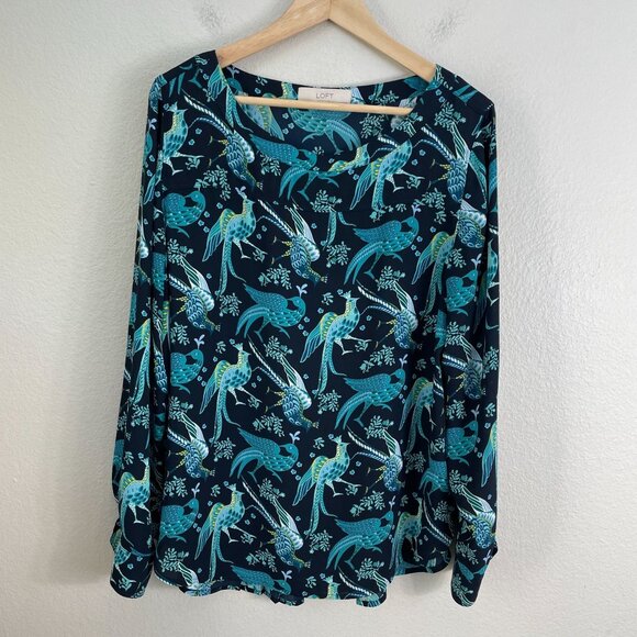 Ann Taylor Loft Womens Large Bird Peacock Print Blouse Long Sleeve Shirt Top - Picture 1 of 9